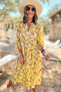 Yellow Floral Flowy Modest Criss Cross V-neck Collared Midi Dress