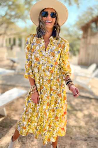 Yellow Floral Flowy Modest Criss Cross V neck Collared Midi Dress