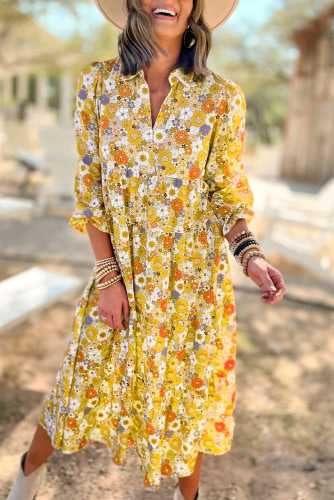 Yellow Floral Flowy Modest Criss Cross V-neck Collared Midi Dress