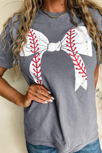 Baseball Bow Tee  - Gray Tshirt - Baseball Mom - Baseball Season - Coquette