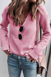 Pink V-neck Ribbed Knit Sweater
