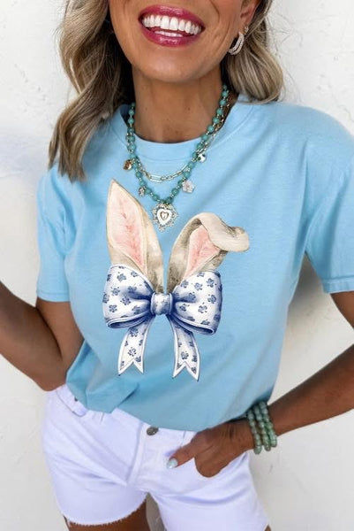 Light Blue Bunny Ears and Floral Bow Printed Tee