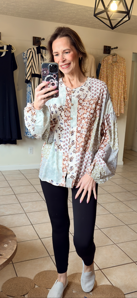 Mixed Floral Patchwork Long Puff Sleeve Top