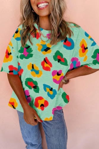 Mint Green Colorful Leopard Print Loose Fit Top