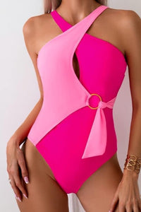 2-Tone Pink Colorblock Criss Cross One-Piece Swimsuit with Keyhole Opening