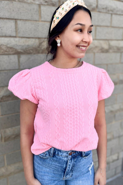 Pink Puff Sleeve Cable Knit Textured Top