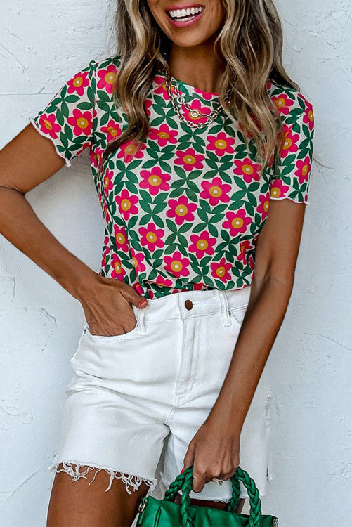 Retro Floral Top with Sheer Short Sleeves