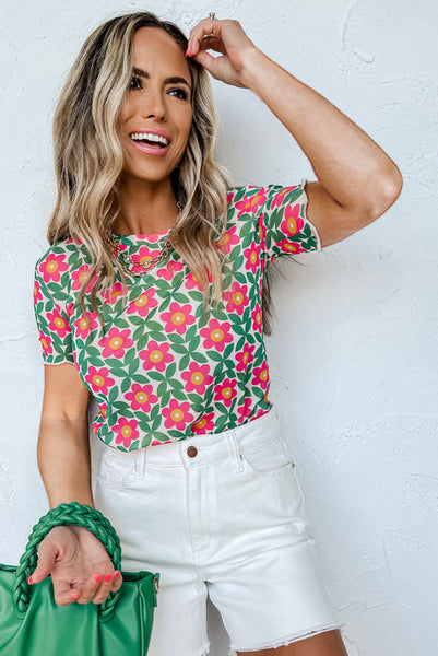 Retro Floral Top with Sheer Short Sleeves