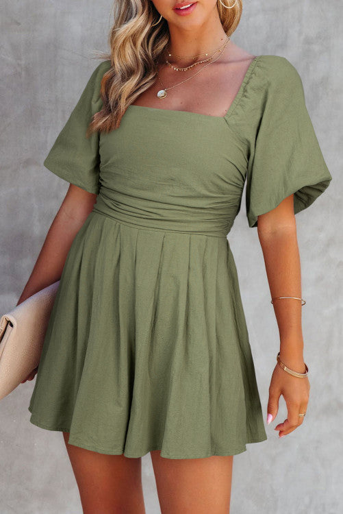 Sage Green Flowy Square Neckline Romper with Ruched Bodice and Puff Sleeves Sage Green Flowy Square Neckline Romper with Ruched Bodice and Puff Sleeves
