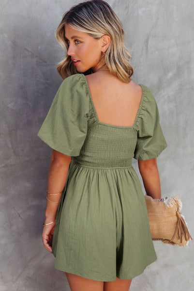 Sage Green Flowy Square Neckline Romper with Ruched Bodice and Puff Sleeves