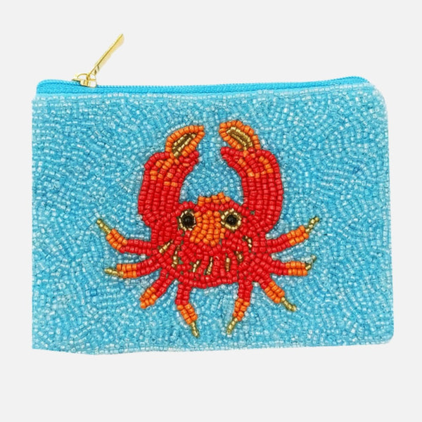 Crab Seed Bead Coin Purse with Zip Closure