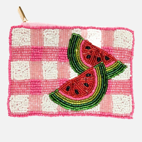 Watermelon Seed Bead Coin Purse with Zip Closure