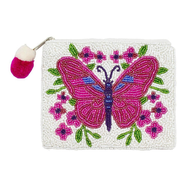 Butterfly Seed Bead Coin Purse with Zip Closure