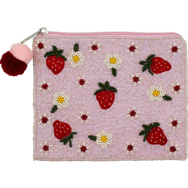 Strawberries Seed Bead Coin Purse with Zip Closure