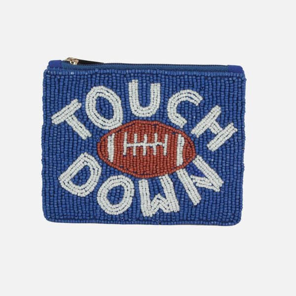 Touch Down Football Seed Bead Coin Purse with Zip Closure