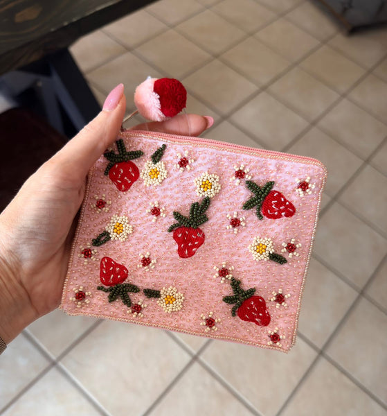 Strawberries Seed Bead Coin Purse with Zip Closure
