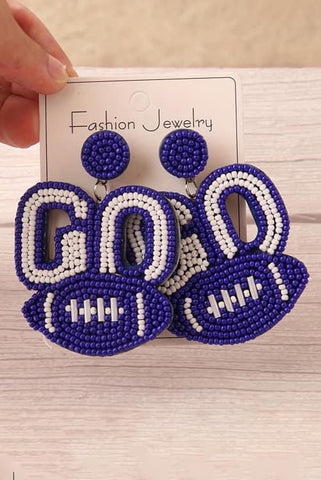 Blue and White Seed Bead Go Football Earrings