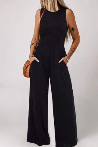 Black Sleeveless Stretchy Cinched Waist Wide Leg Jumpsuit