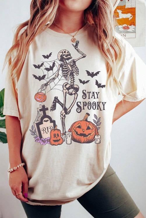 Stay Spooky Skeleton Pumpkin and Spider Web Tee - Halloween T-shirt