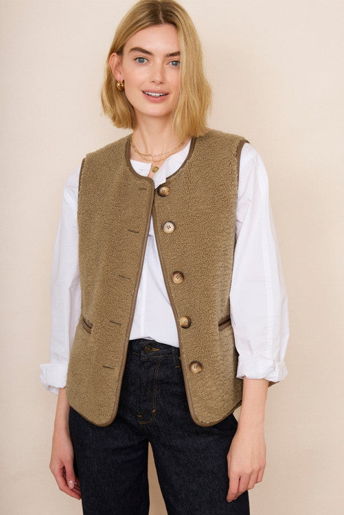 Brown Sherpa Button Up Vest