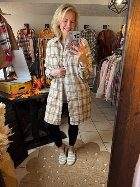 Cream Plaid Longer Length Button Up Shacket