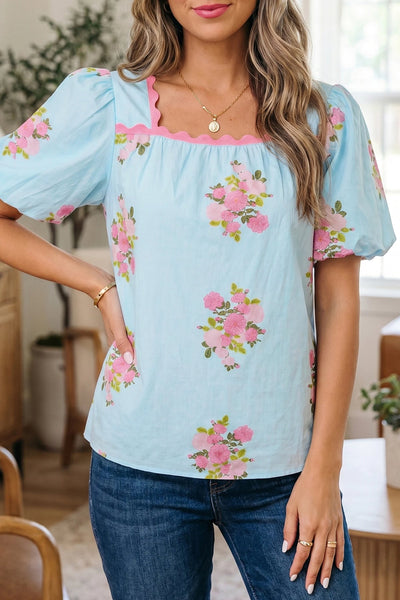 Sky Blue Floral and Ric Rac 3/4 Sleeve Top
