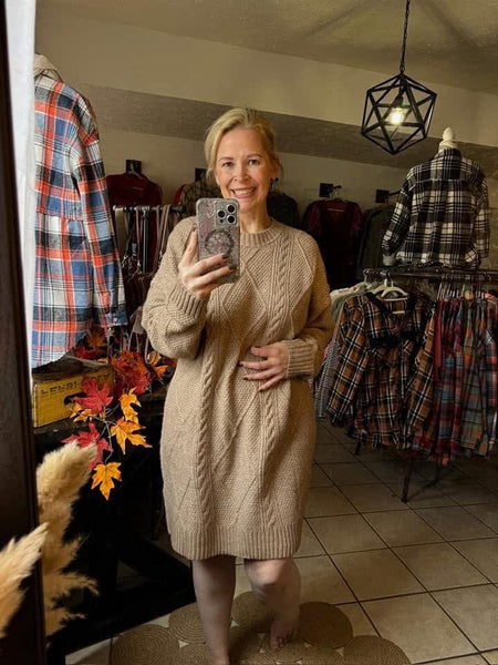 Khaki Cable Knit Sweater Dress - Brown