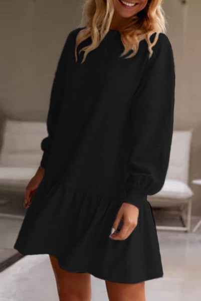 Black Sweatshirt Dress with Ruffled Drop Waist