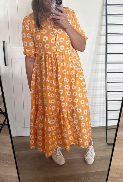 Yellow Floral Boho 3/4 Length Sleeve Dress