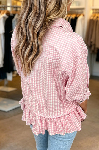 Loose Fit Pink Gingham Check Button Up Top