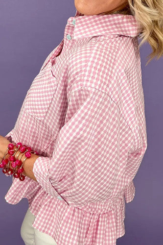 Loose Fit Pink Gingham Check Button Up Top