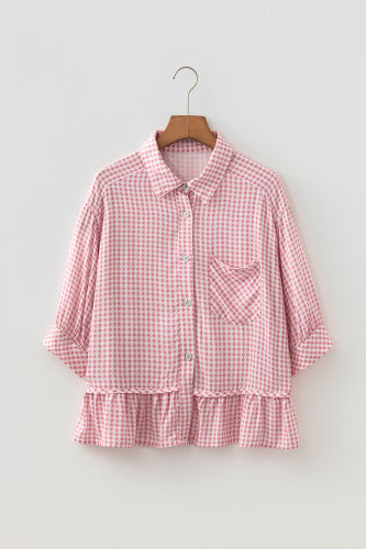 Loose Fit Pink Gingham Check Button Up Top