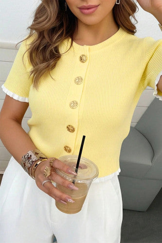 Yellow Short Sleeve Button Up Sweater