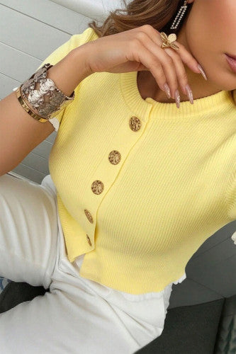 Yellow Short Sleeve Button Up Sweater