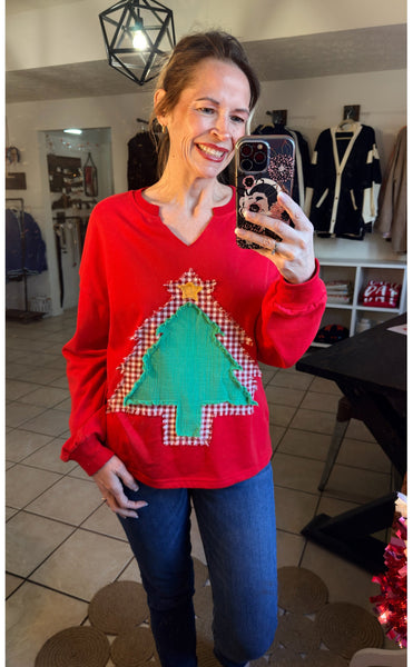 Red Notch V-Neck Layered Patchwork Christmas Tree Sweatshirt Pullover