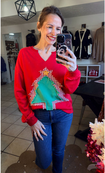 Red Notch V-Neck Layered Patchwork Christmas Tree Sweatshirt Pullover