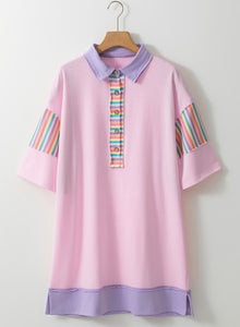 Pink Dress with Contrast Colored Collar and Hem with Stripe Detailing