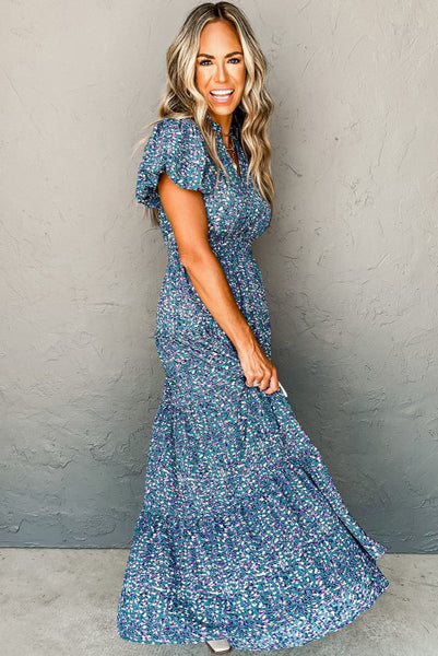 Teal Blue Floral Cinched Waist Puff Sleeve Maxi Dress with Pockets
