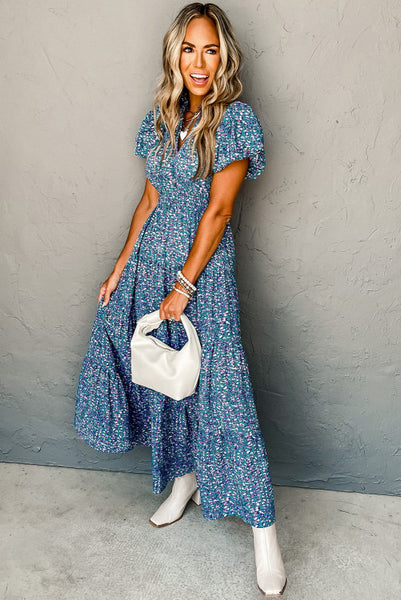 Teal Blue Floral Cinched Waist Puff Sleeve Maxi Dress with Pockets