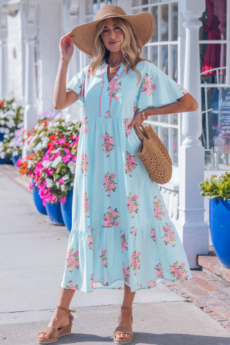 Sky Blue Floral RicRac Trim Maxi Dress