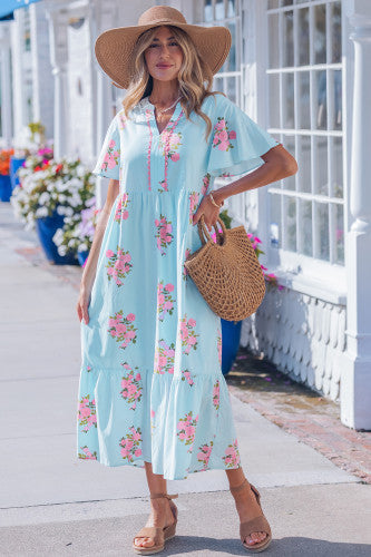 Sky Blue Floral RicRac Trim Maxi Dress