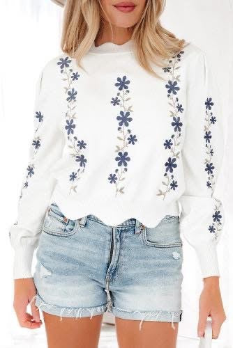 Scalloped Trim Floral Embroidered Sweater