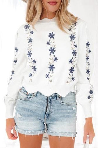 Scalloped Trim Floral Embroidered Sweater