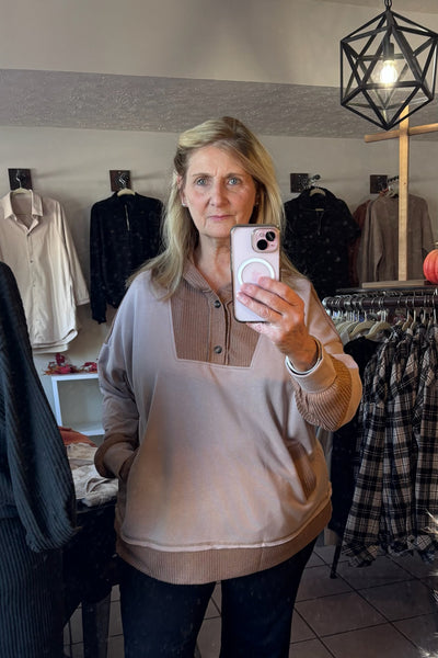 Curvy Brown Tone on Tone Mixed Material Hooded Pullover