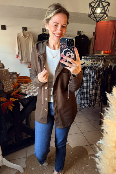 Brown Mixed Material Button Up Hooded Shacket