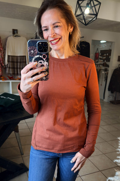 Chestnut Brown Long Sleeve Top with Exposed Seams