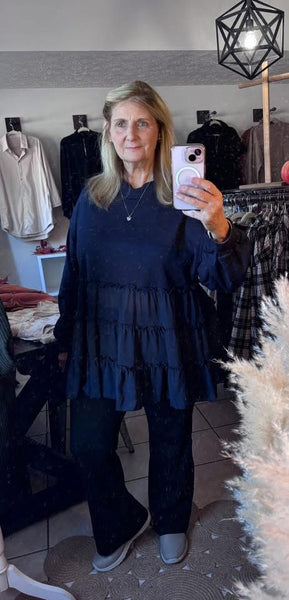 Curvy Flowy Navy Blue Ruffle Tiered Babydoll Top