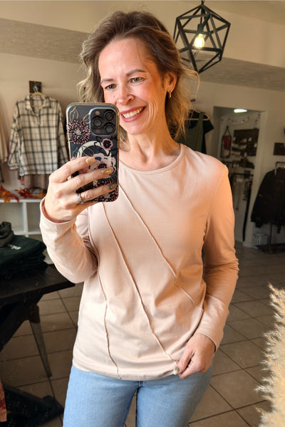 Beige Long Sleeve Top with Asymmetrical Seam Detailing