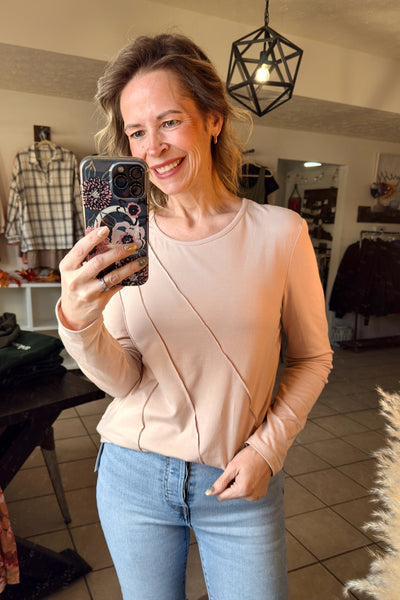 Beige Long Sleeve Top with Asymmetrical Seam Detailing