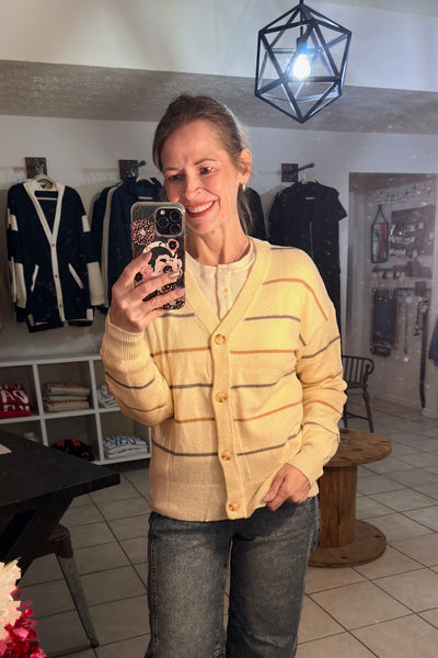 Creamy White Cardigan with Gray and Mocha Stripes